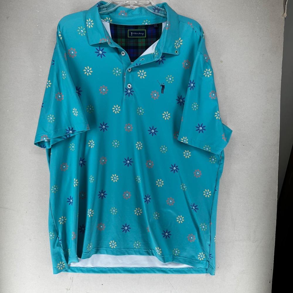 William Murray Golf Polo‎ Shirt Turquoise Floral Print Men's XLarge